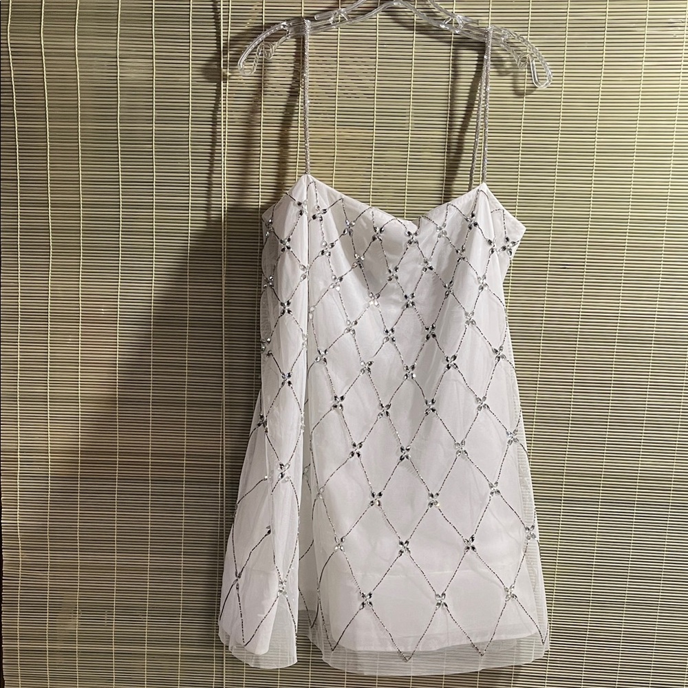 BHLDN by Anthropology White Dress with Silver/Rhinestone Geometric Design